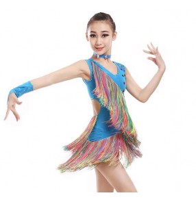 Fuchsia hot pink turquoise black rainbow colored fringes girls kids child children competition performance professional latin  cha cha dance dresses